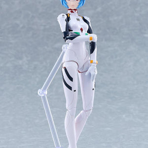 Rebuild of Evangelion PLAMATEA Rei Ayanami plastic model kit in white plugsuit standing on a transparent display base.