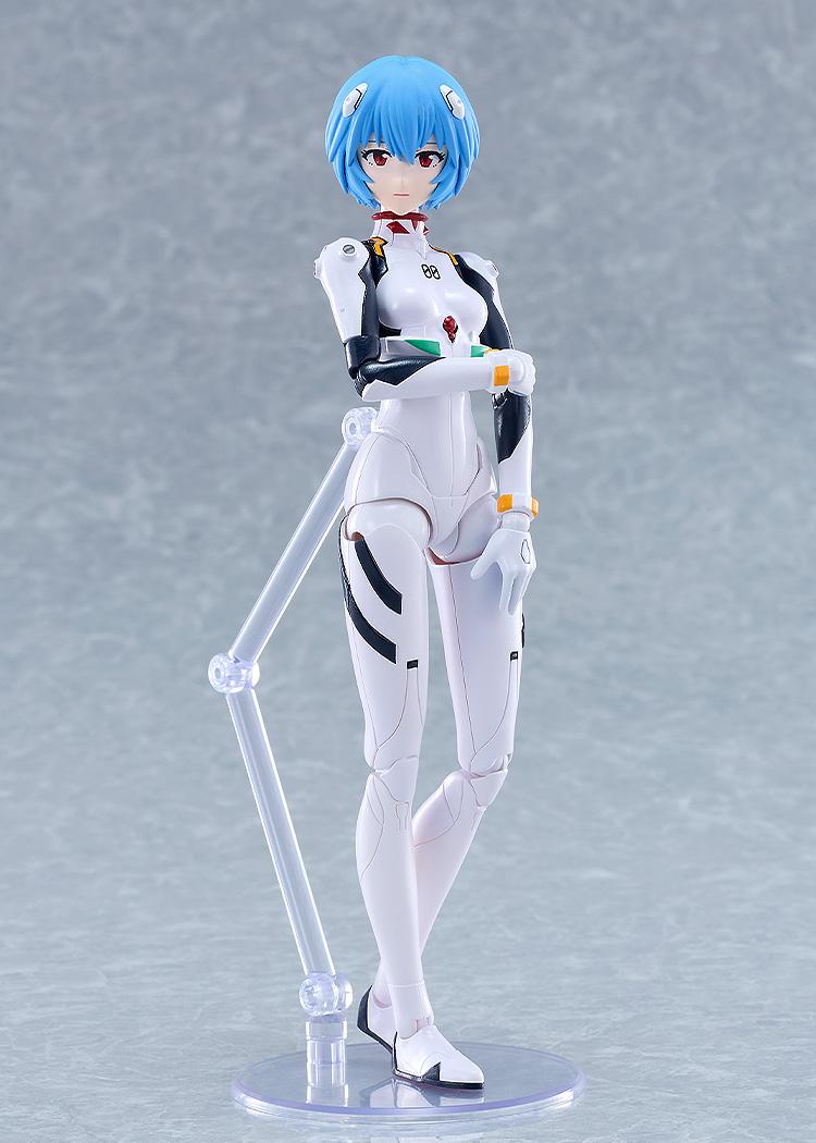 Rebuild of Evangelion PLAMATEA Rei Ayanami plastic model kit in white plugsuit standing on a transparent display base.