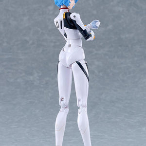Rear three-quarter studio view of the PLAMATEA Rei Ayanami model kit highlighting white plugsuit sculpt and back articulation.