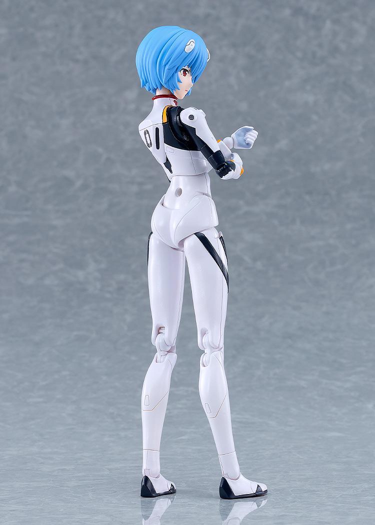 Rear three-quarter studio view of the PLAMATEA Rei Ayanami model kit highlighting white plugsuit sculpt and back articulation.