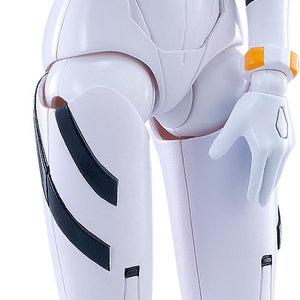 Isolated studio cutout of the Rebuild of Evangelion PLAMATEA Rei Ayanami model kit on a plain white background.