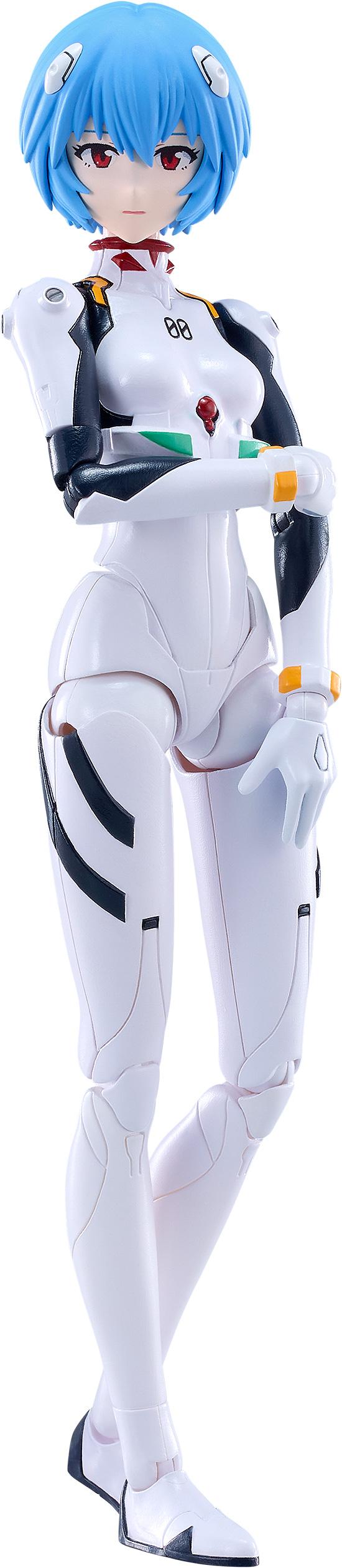 Isolated studio cutout of the Rebuild of Evangelion PLAMATEA Rei Ayanami model kit on a plain white background.