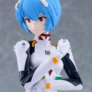 Upper-body close-up portrait of the PLAMATEA Rei Ayanami model figure with serious expression and blue hair detailing.