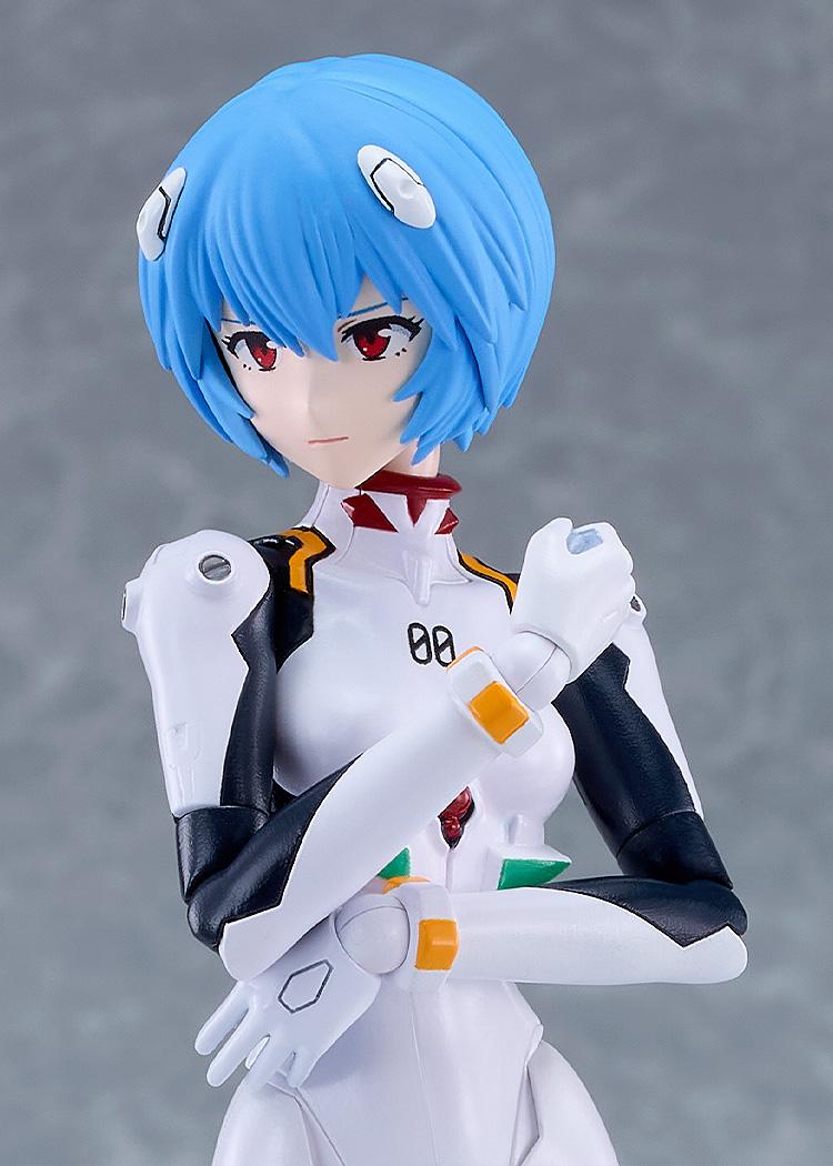 Upper-body close-up portrait of the PLAMATEA Rei Ayanami model figure with serious expression and blue hair detailing.