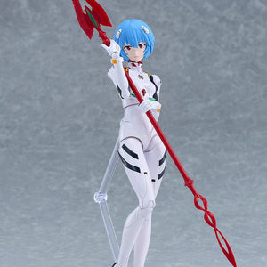 Rebuild of Evangelion PLAMATEA Rei Ayanami model kit figure holding a long red spear weapon on a display stand.