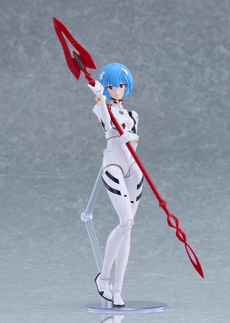 Rebuild of Evangelion PLAMATEA Rei Ayanami model kit figure holding a long red spear weapon on a display stand.