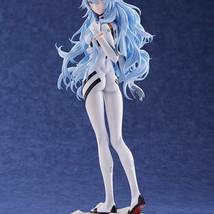 Full body shot of the Rei Ayanami figure standing on a sand-textured beach base with realistic water effects, based on the final scene of the Evangelion film.