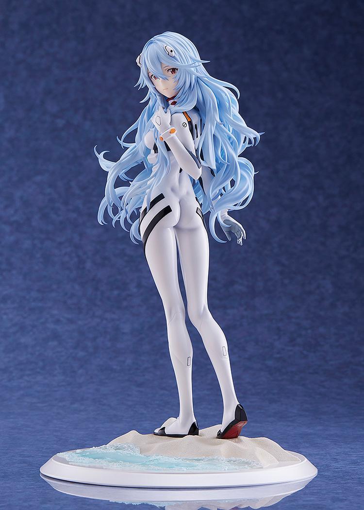 Full body shot of the Rei Ayanami figure standing on a sand-textured beach base with realistic water effects, based on the final scene of the Evangelion film.