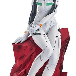 Full-length view of the Rei Ayanami 1/7 scale figure in her white 00 plugsuit, seated on a jagged red rock base.