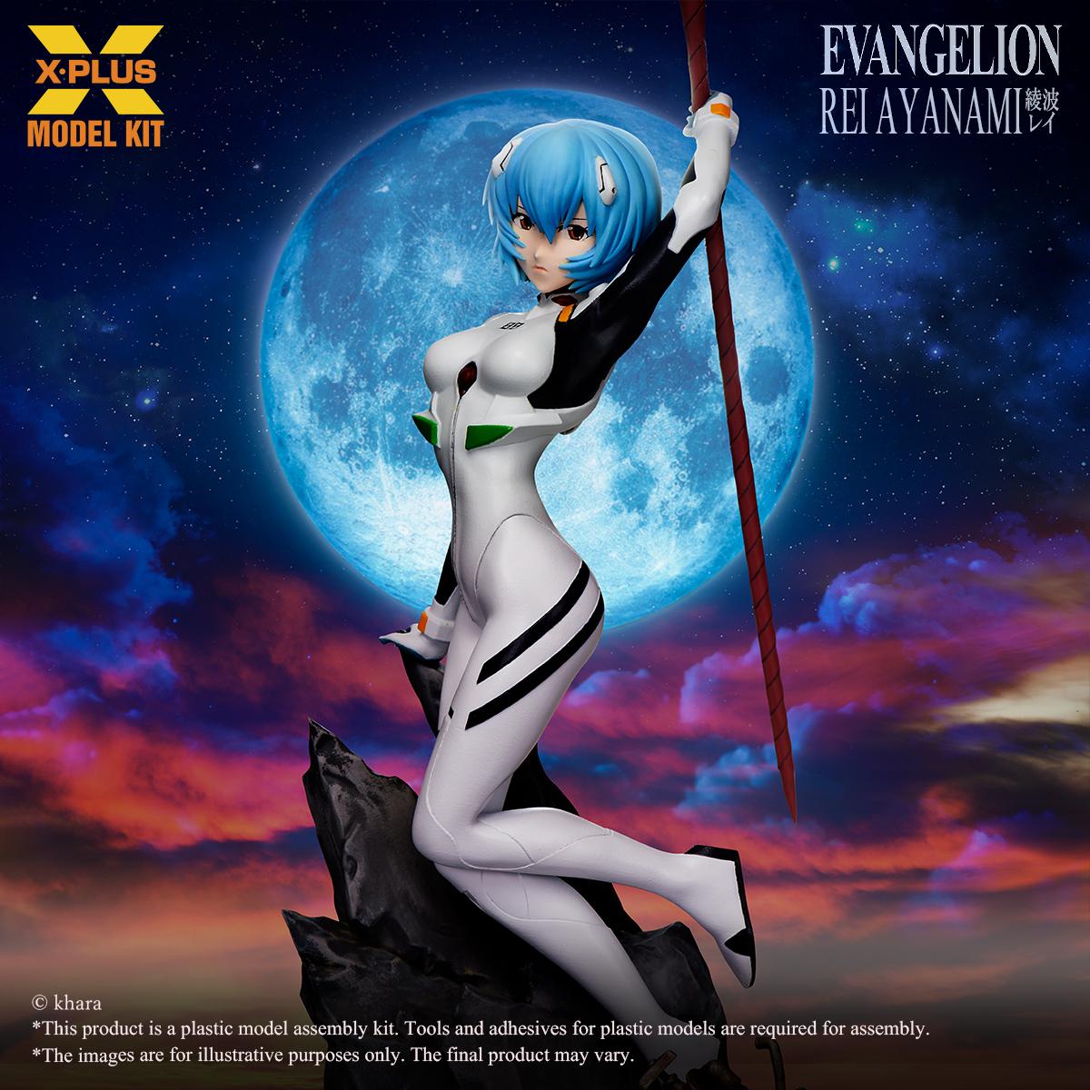 Close-up of the Rei Ayanami model kit showing the finely crafted form and delicate facial features.