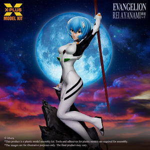Close-up of the Rei Ayanami model kit showing the finely crafted form and delicate facial features.