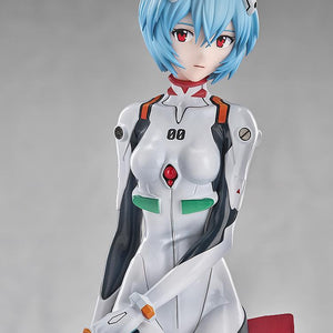 Close-up portrait of the Rei Ayanami figure focusing on her red eyes and the intricate mechanical details of her hair clips.