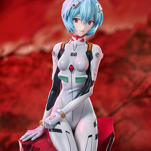 Cinematic shot of Rei Ayanami posed against a red and orange background with dramatic lighting reflecting on her white suit.