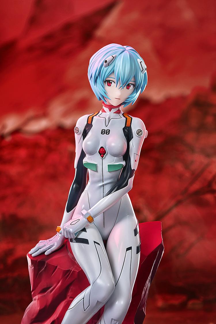 Cinematic shot of Rei Ayanami posed against a red and orange background with dramatic lighting reflecting on her white suit.