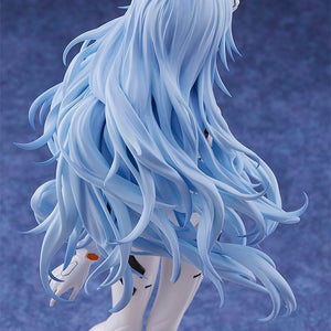 Top-down close-up focusing on the complex modeling of Rei Ayanami's long blue hair, illustrating the movement and texture of the PVC/ABS sculpt.