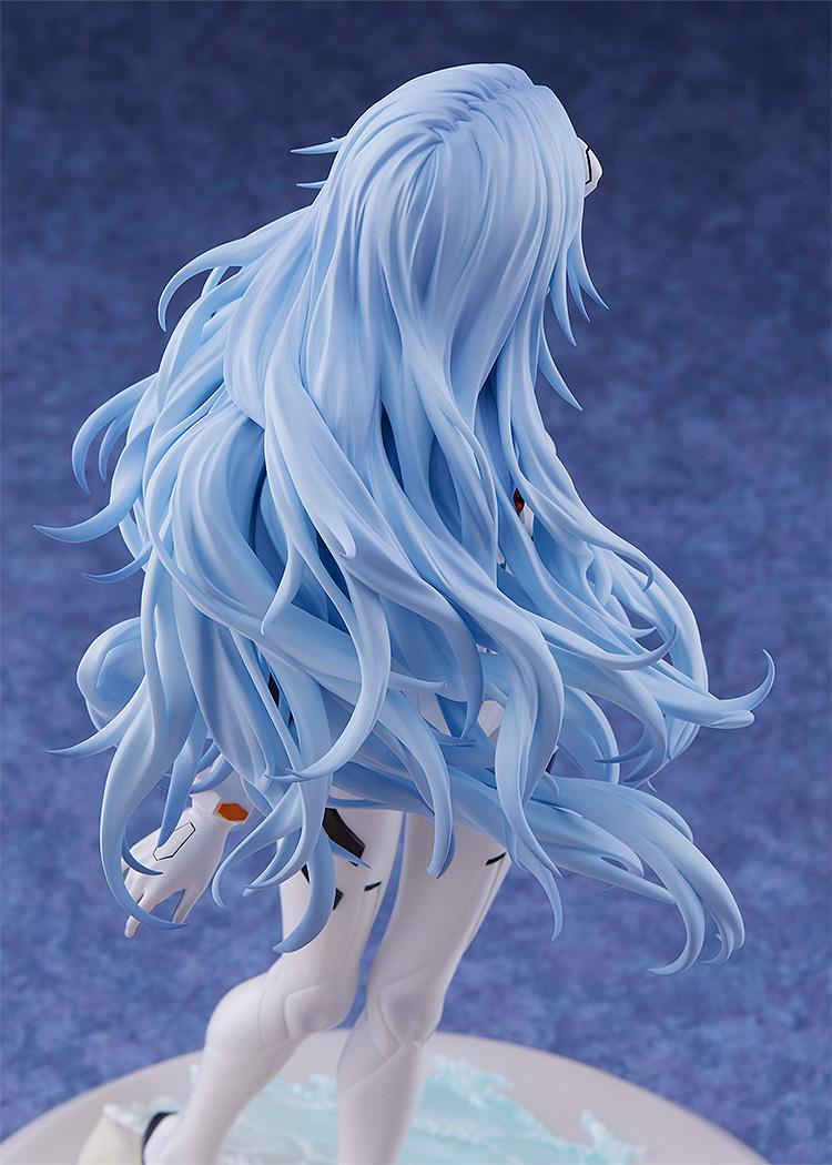 Top-down close-up focusing on the complex modeling of Rei Ayanami's long blue hair, illustrating the movement and texture of the PVC/ABS sculpt.