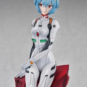 Side profile of the Rei Ayanami statue highlighting the detailed sculpt of the EVA-00 plugsuit and her calm expression.