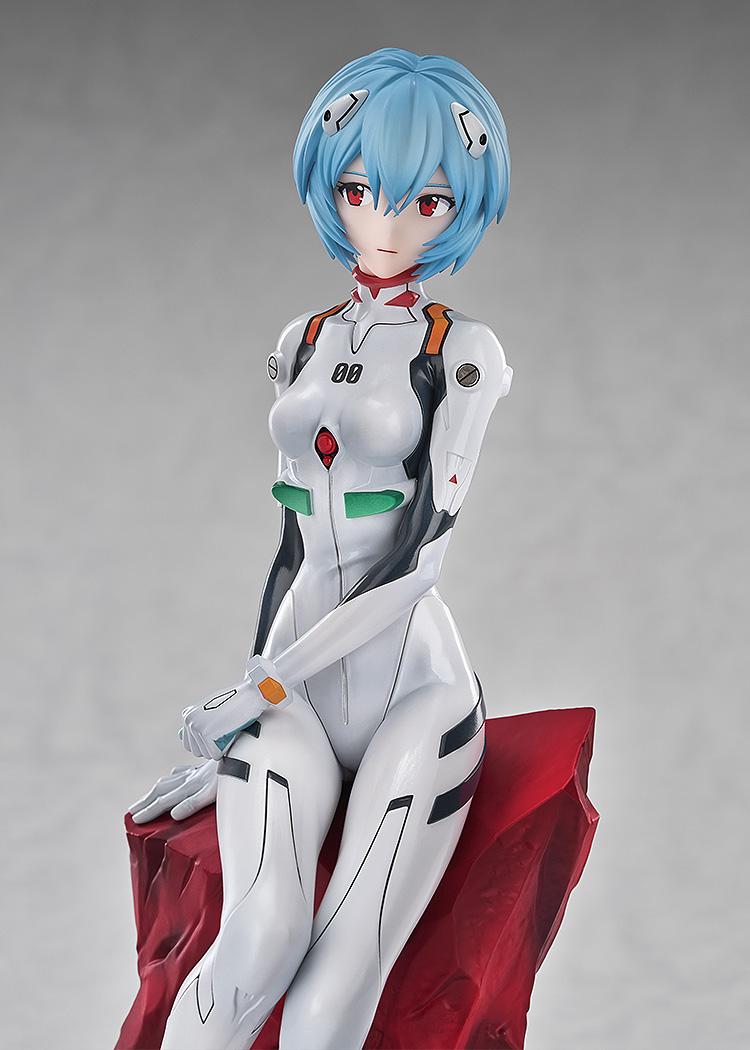 Side profile of the Rei Ayanami statue highlighting the detailed sculpt of the EVA-00 plugsuit and her calm expression.