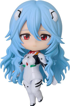 Front view of the Rei Ayanami Nendoroid figure from Rebuild of Evangelion featuring her long light-blue hair and white plugsuit.