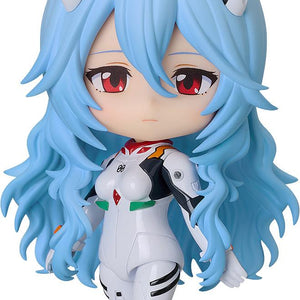 Front view of the Rei Ayanami Nendoroid figure from Rebuild of Evangelion featuring her long light-blue hair and white plugsuit.