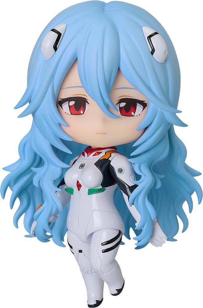 Front view of the Rei Ayanami Nendoroid figure from Rebuild of Evangelion featuring her long light-blue hair and white plugsuit.