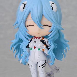 Rei Ayanami Nendoroid with her cheerful face plate showing closed eyes and a happy expression.