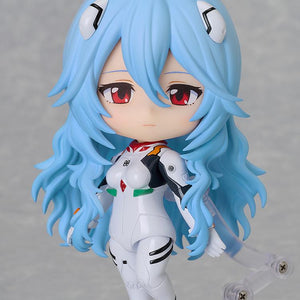 Rei Ayanami Nendoroid with her pondering face plate standing on a clear display base.