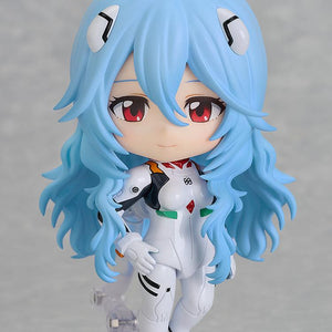 Rei Ayanami Nendoroid featuring a gentle smiling face plate and articulated posing of her long hair.