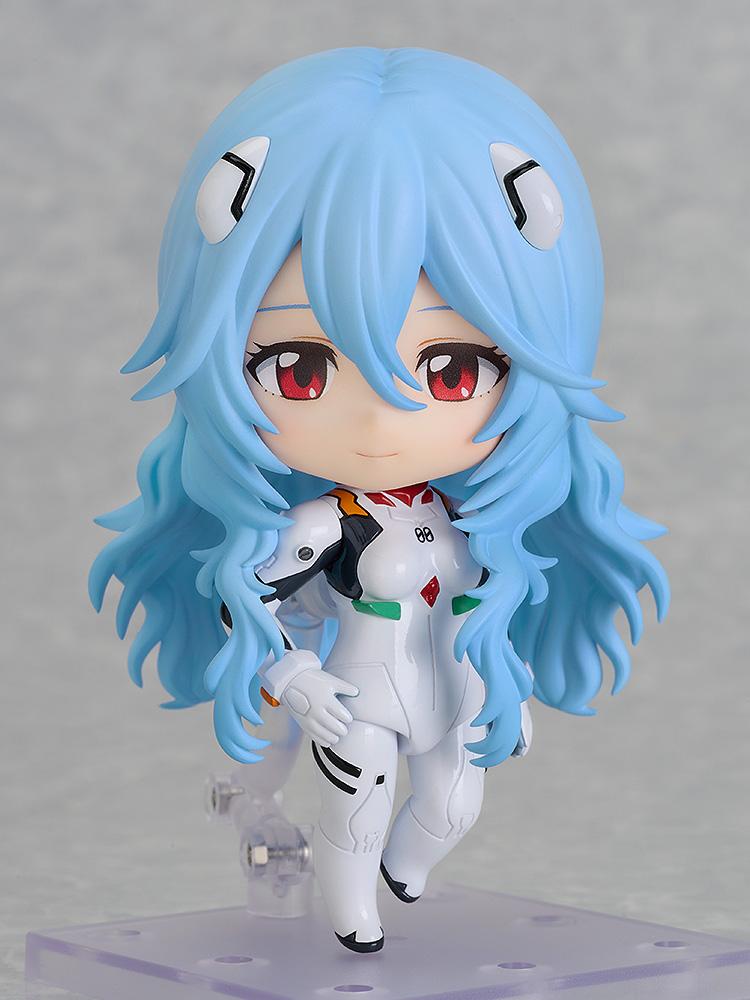 Rei Ayanami Nendoroid featuring a gentle smiling face plate and articulated posing of her long hair.