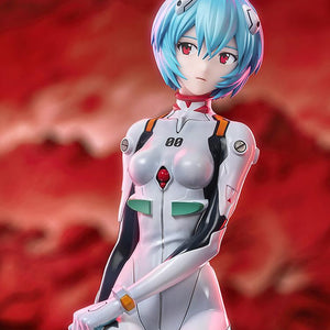 High-quality cinematic close-up of the Rei Ayanami figure's face and upper torso with vibrant red environmental lighting.