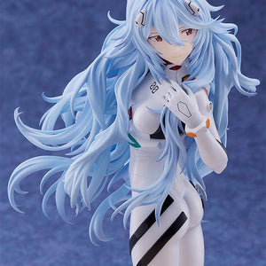 Close-up shot of Rei Ayanami's face and upper torso, showcasing the detailed facial features and the texture of the plugsuit gloves.