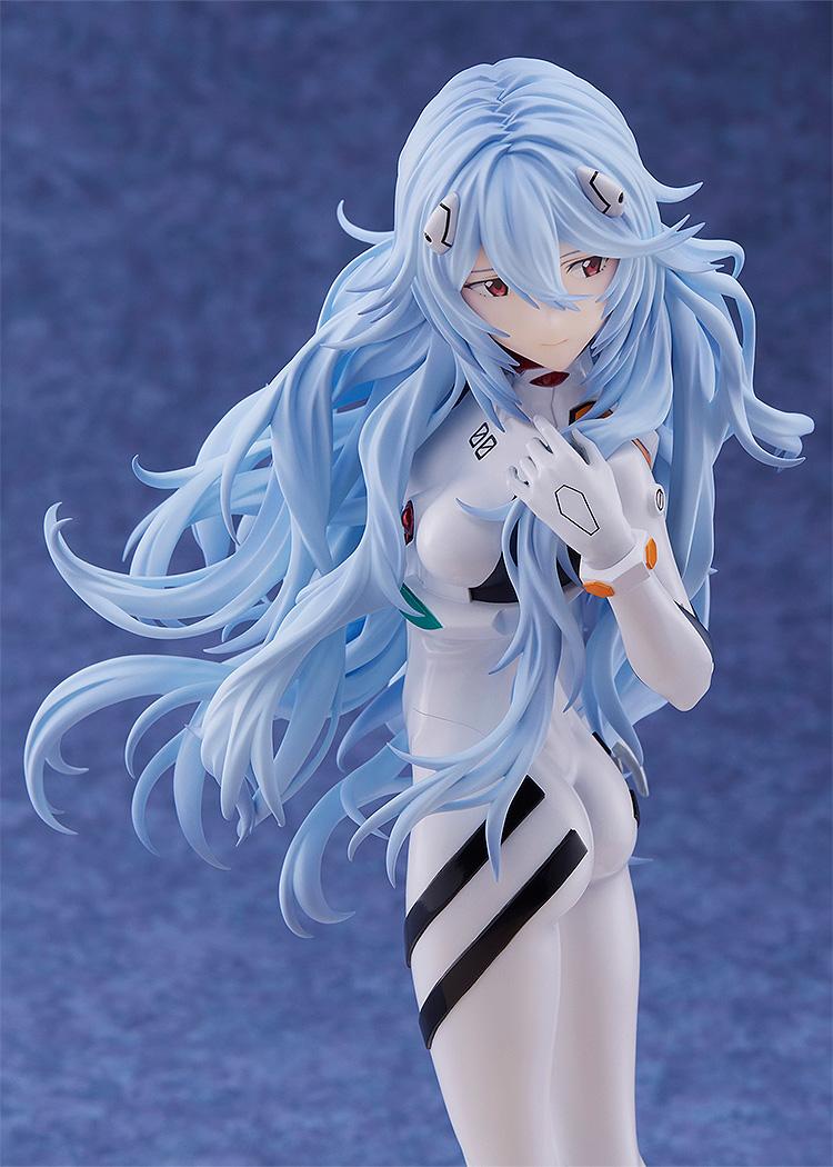Close-up shot of Rei Ayanami's face and upper torso, showcasing the detailed facial features and the texture of the plugsuit gloves.