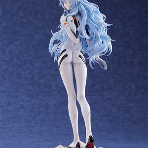 Full front-facing shot of the Rei Ayanami figure on its beach base, capturing the fragile yet content expression of the character.