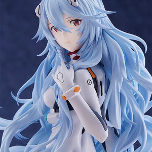 High-definition close-up of Rei Ayanami's face, capturing the subtle emotional depth of the figure's expression.