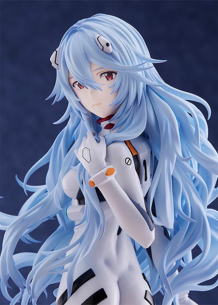 High-definition close-up of Rei Ayanami's face, capturing the subtle emotional depth of the figure's expression.