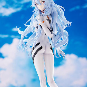 Promotional shot of the Rei Ayanami figure set against a bright blue sky and cloud background, enhancing the thematic "Voyage End" aesthetic.