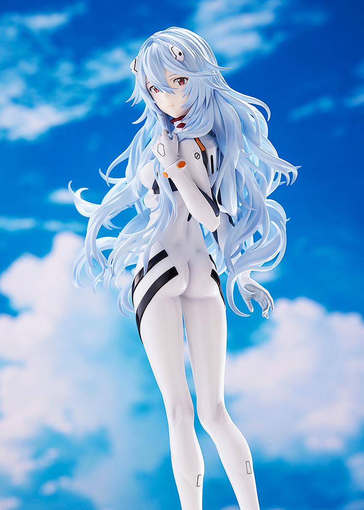 Promotional shot of the Rei Ayanami figure set against a bright blue sky and cloud background, enhancing the thematic "Voyage End" aesthetic.