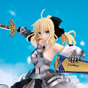 Close-up of the fully painted Saber Lily plastic model kit showcasing her detailed face sculpt and armor against a sky background.