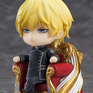 Side profile of the Reinhard von Lohengramm Nendoroid seated, showcasing the detailed gold scrollwork of the BrŸnhild chair.
