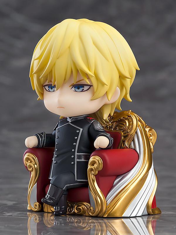 Side profile of the Reinhard von Lohengramm Nendoroid seated, showcasing the detailed gold scrollwork of the BrŸnhild chair.
