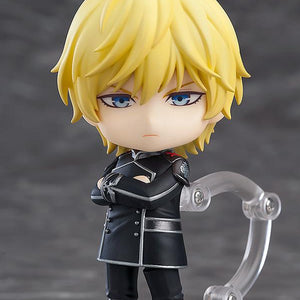 Standing pose of Reinhard von Lohengramm Nendoroid with arms crossed, featuring his blonde hair and blue admiral uniform.