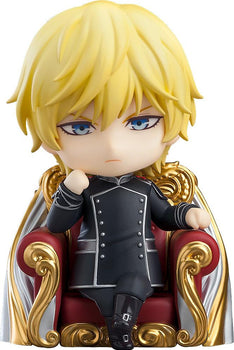 Close-up of Reinhard von Lohengramm Nendoroid seated in the ornate gold and red Brunhild flagship captain's chair.