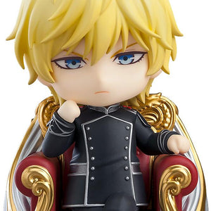 Close-up of Reinhard von Lohengramm Nendoroid seated in the ornate gold and red Brunhild flagship captain's chair.
