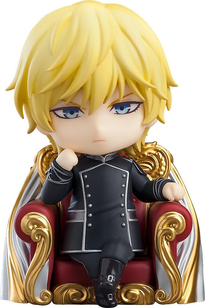 Close-up of Reinhard von Lohengramm Nendoroid seated in the ornate gold and red Brunhild flagship captain's chair.