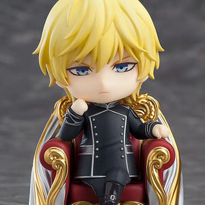 Front view of the Reinhard von Lohengramm Nendoroid figure in his Galactic Empire admiral uniform sitting in his captain's set.