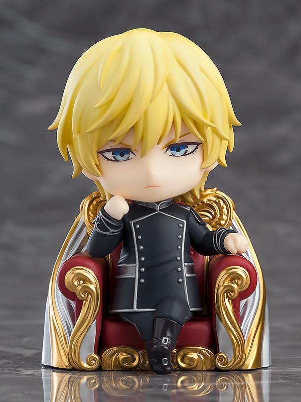 Front view of the Reinhard von Lohengramm Nendoroid figure in his Galactic Empire admiral uniform sitting in his captain's set.