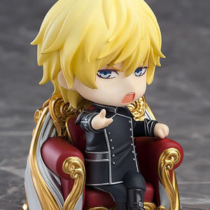 Reinhard von Lohengramm Nendoroid with a shouting expression seated in his captain's chair, gesturing with one hand.