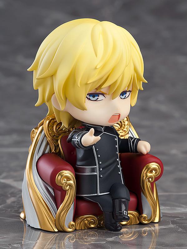 Reinhard von Lohengramm Nendoroid with a shouting expression seated in his captain's chair, gesturing with one hand.