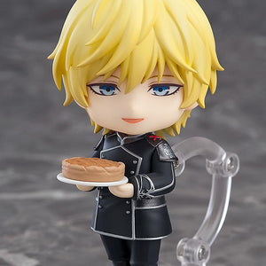 Reinhard von Lohengramm Nendoroid with a smiling face plate holding a Kelsey cake baked by his sister Annerose.