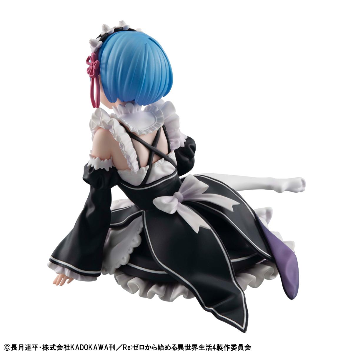 High-angle back view of Rem in her maid outfit, highlighting the intricate sculpting of her dress and hair.
